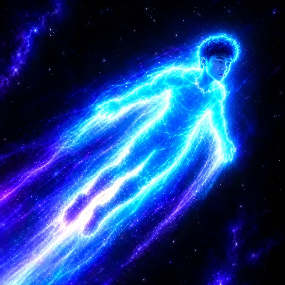 Kimchi Accelerationism: a glowing blue figure flying through space